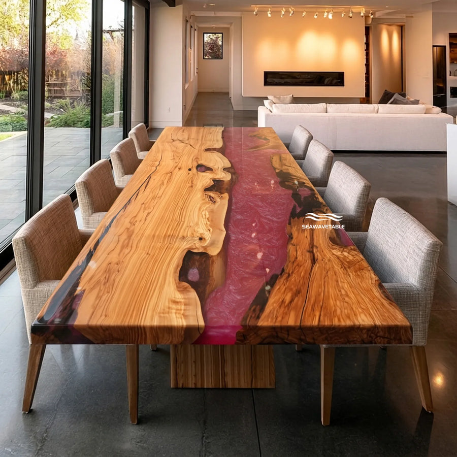 72-inch Olive Wood and pearlescent red epoxy dining table by SeawaveTable