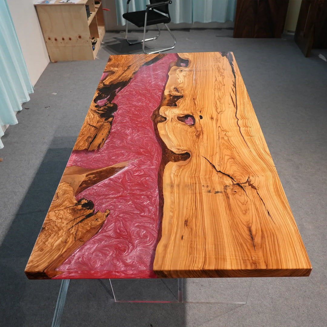 Top view of 72-inch Olive Wood and red epoxy dining table by SeawaveTable