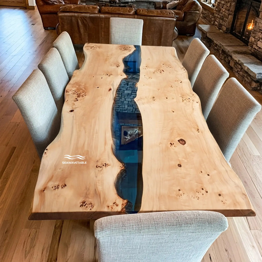 Top view of 72-inch Poplar and blue epoxy dining table by SeawaveTable