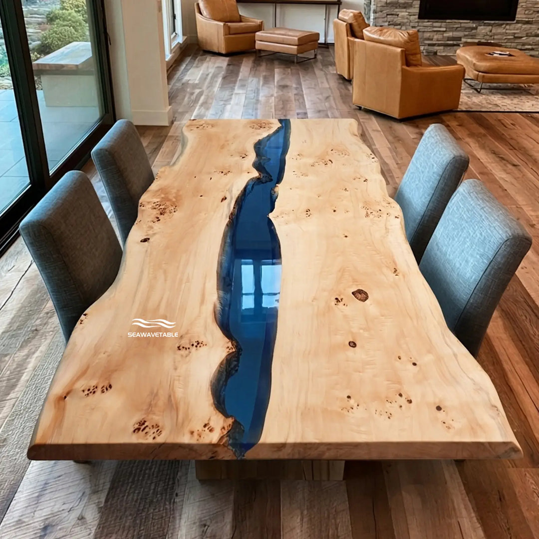 72-inch Poplar and Deep Blue epoxy live edge dining table by SeawaveTable