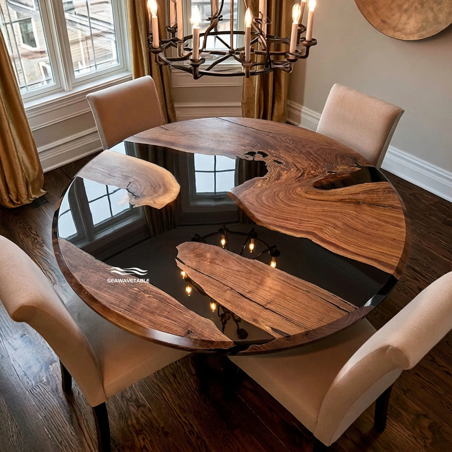 72 inch round Black Walnut and transparent black epoxy dining table by SeawaveTable