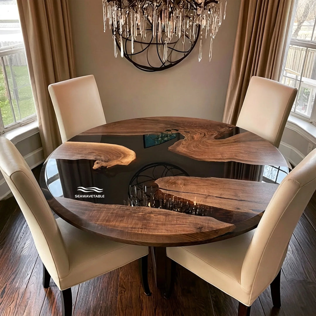 Top view of 72 inch round Black Walnut epoxy dining table by SeawaveTable