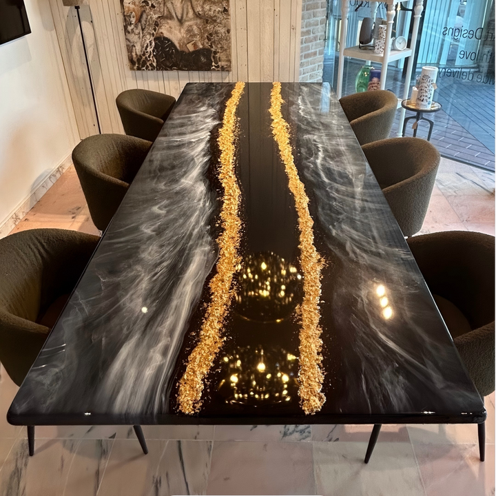 Custom Resin Encased Solid Wood 72-Inch Round Dining Table with T Metal Legs