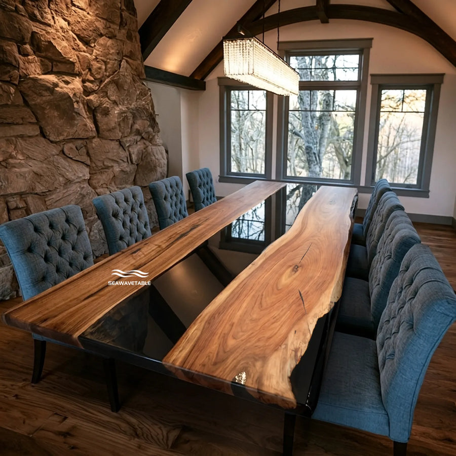 80-inch Black Walnut and glossy black epoxy live edge dining table by SeawaveTable