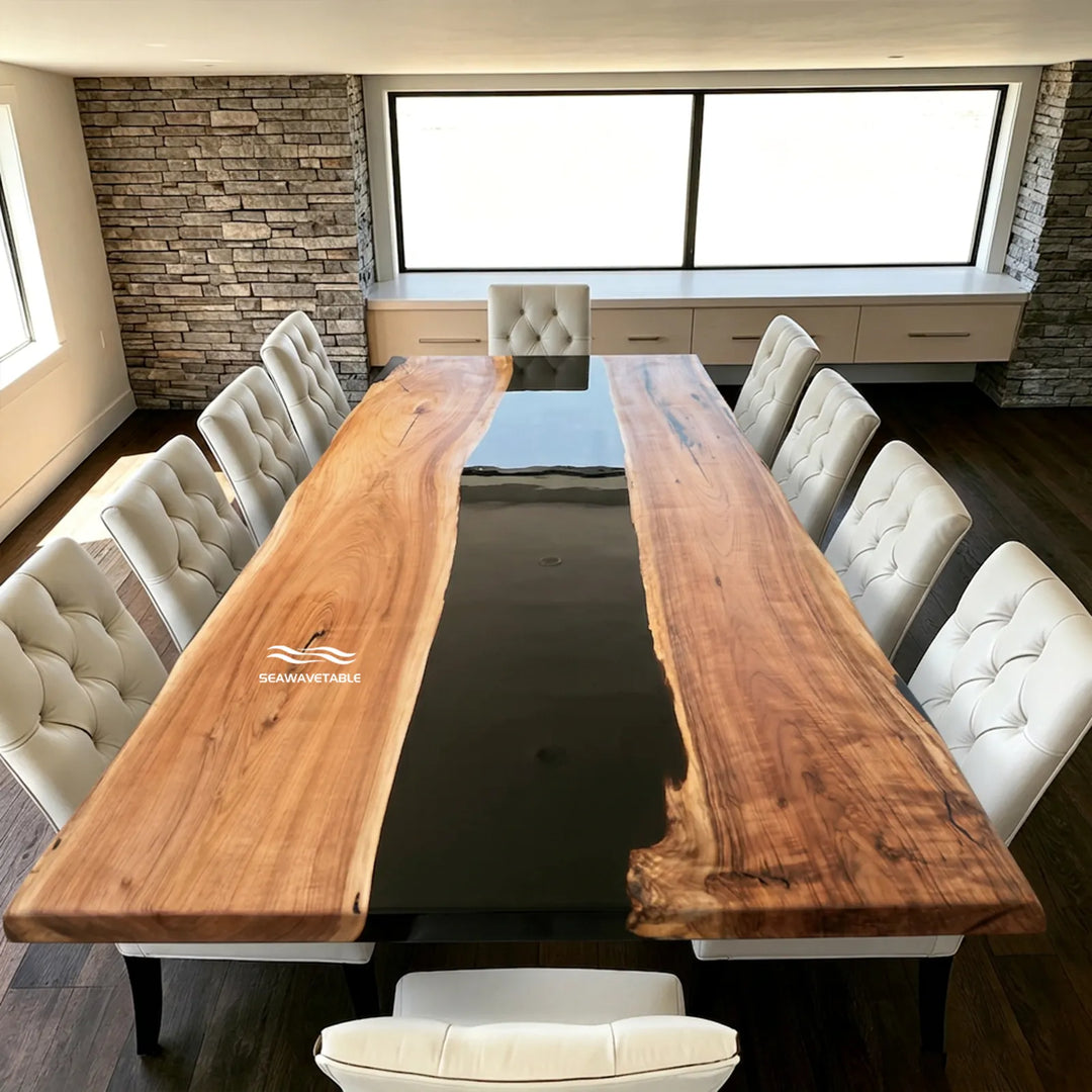 Top view of 80-inch Black Walnut and black epoxy dining table by SeawaveTable