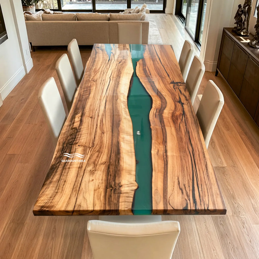 80-inch Black Walnut and Deep Teal epoxy live edge dining table by SeawaveTable
