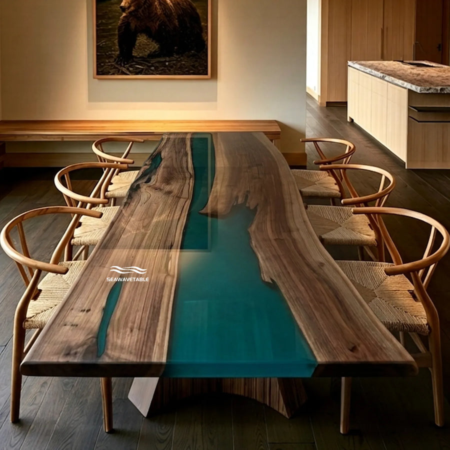 80 inch Black Walnut and Deep Teal epoxy dining table by SeawaveTable