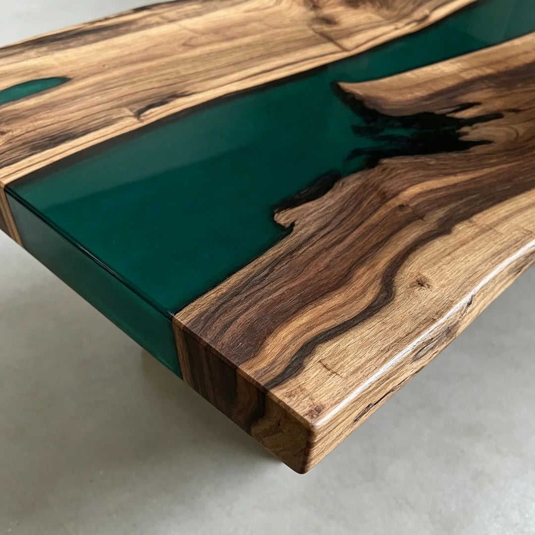 Top view of 80 inch Black Walnut and teal epoxy table by SeawaveTable