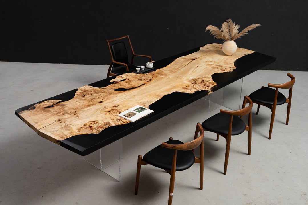 Poplar Wood Live Edge Black Resin Kitchen Table Top 137.60"Lx43.31"W