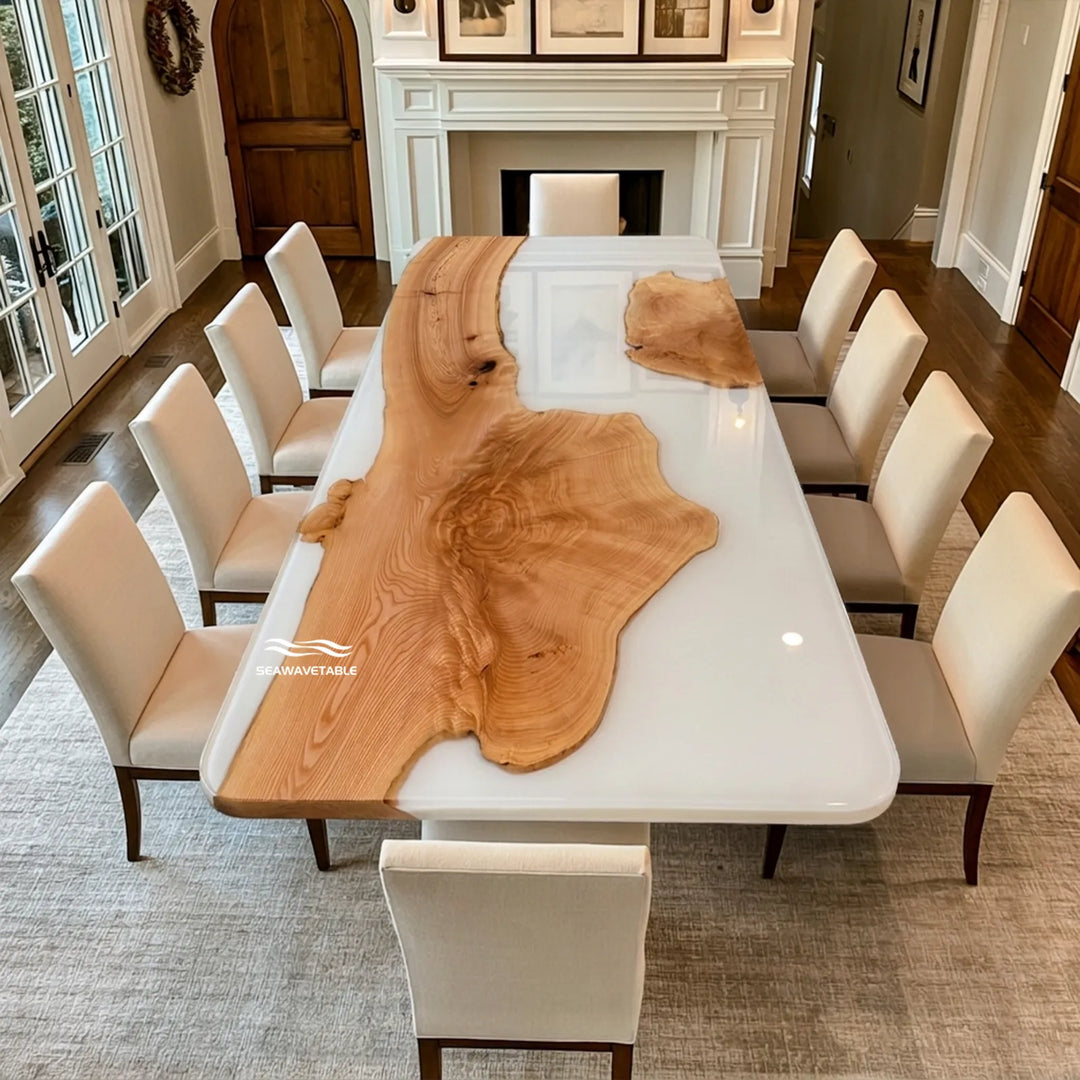 Top view of 84 inch Ash Wood Lunar Silk epoxy table by SeawaveTable