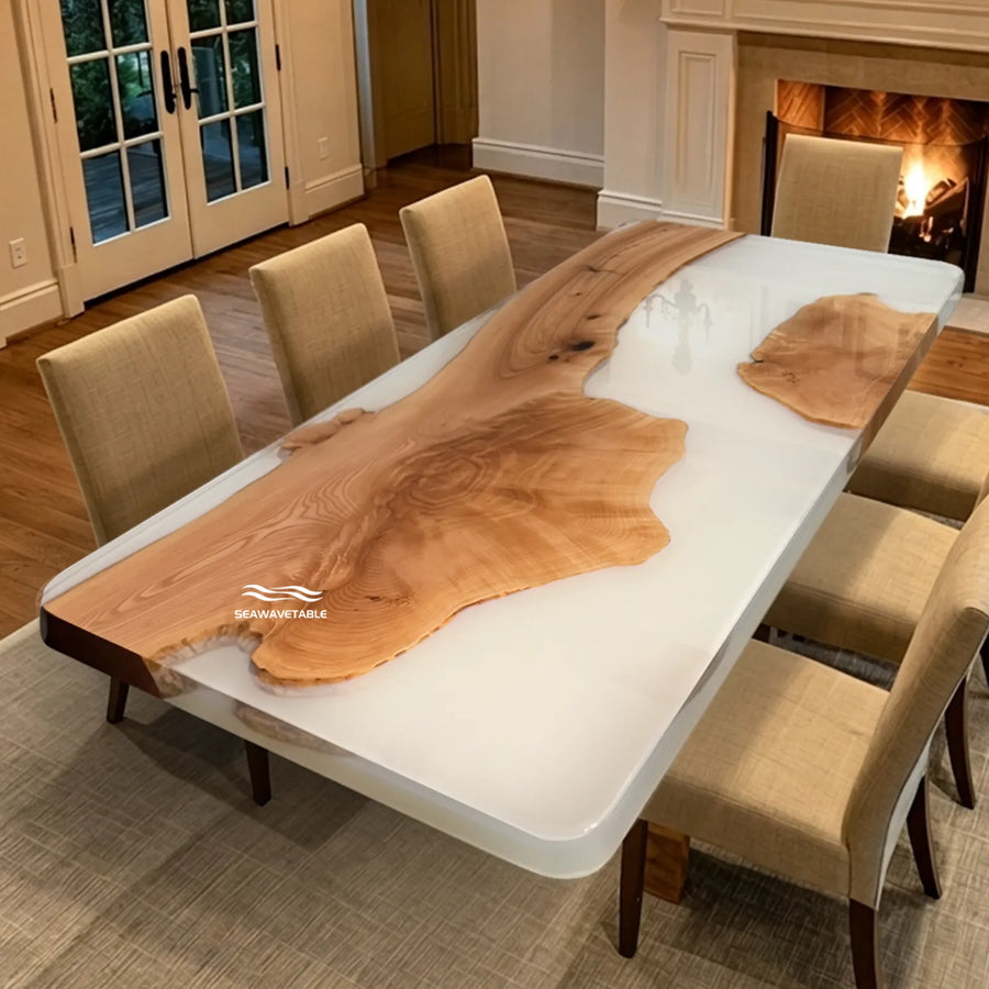 84 inch Ash Wood and Lunar Silk epoxy dining table by SeawaveTable
