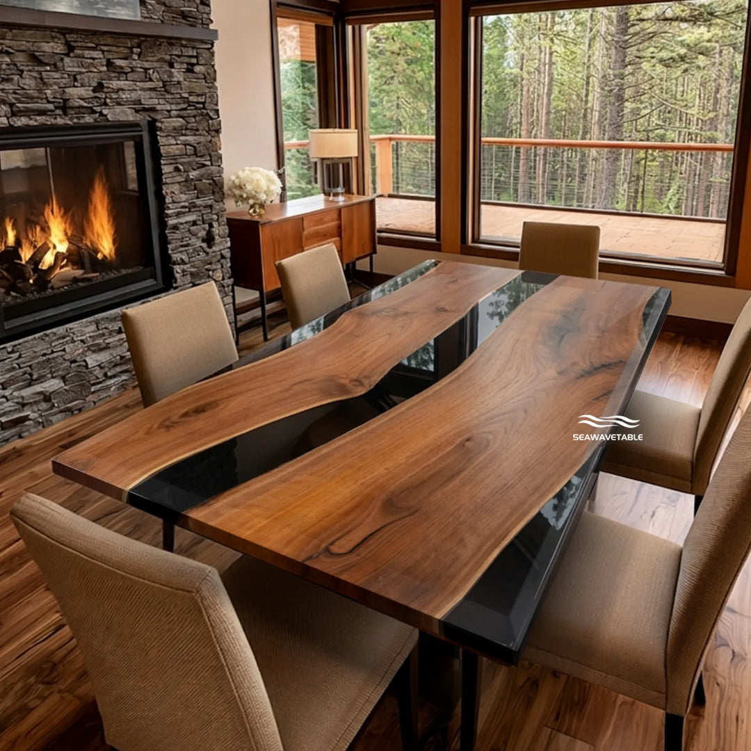 84 inch Black Walnut and black epoxy dining table by SeawaveTable