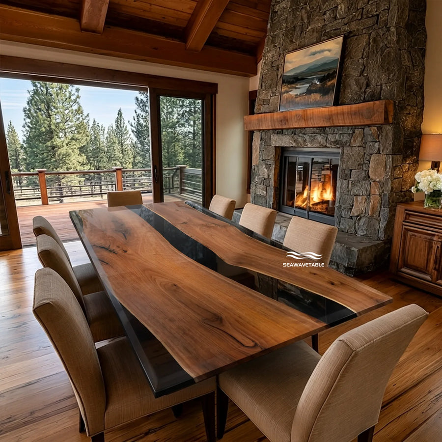 Top view of 84 inch Black Walnut and black epoxy table by SeawaveTable