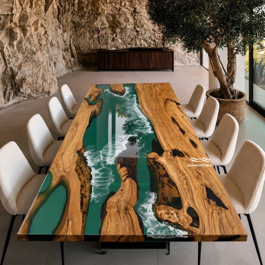 84 inch Olive Wood dining table with green ocean wave epoxy