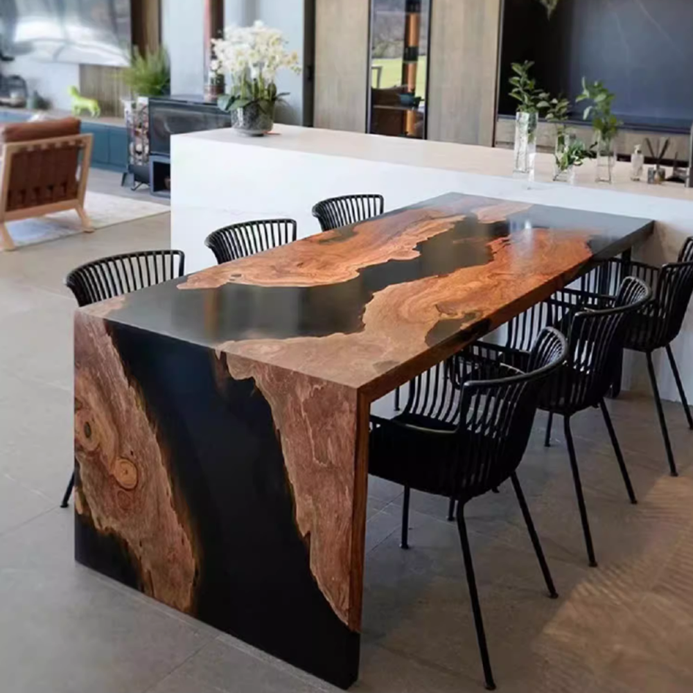 black waterfull resin table