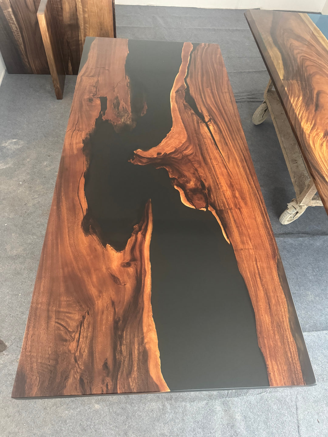 Custom 30'' x 80'' Dark Stained Wood with Black Tones Resin Table -- Walnut