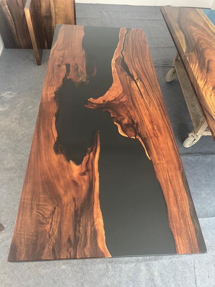 Custom 30'' x 80'' Dark Stained Wood with Black Tones Resin Table -- Walnut