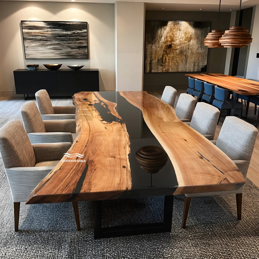 90-inch Black Walnut and glossy black epoxy live edge dining table by SeawaveTable
