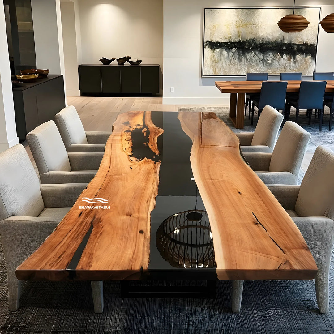 Top view of 90-inch Black Walnut and black epoxy dining table by SeawaveTable