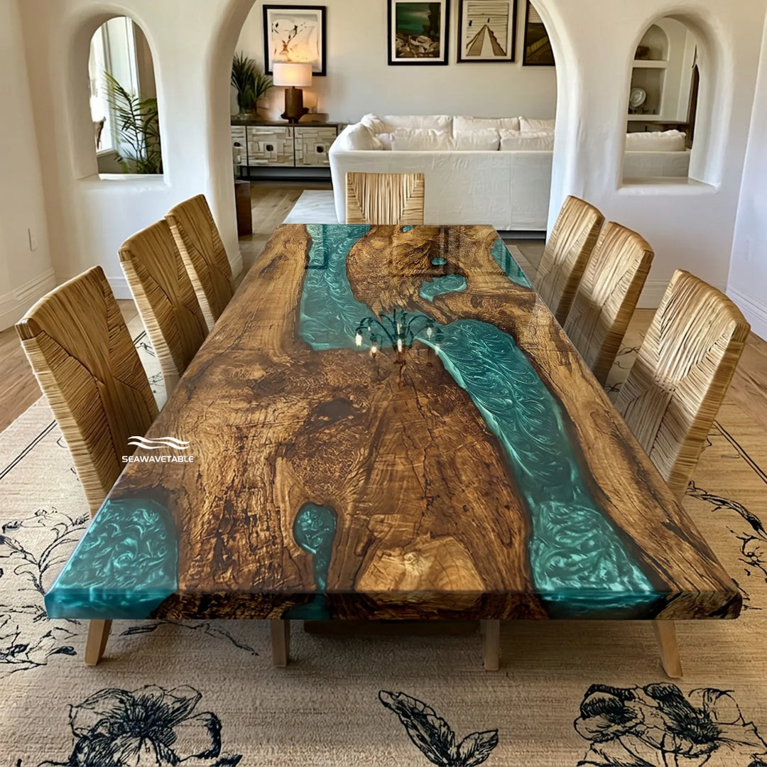 90 inch Golden Camphor dining table with gradient blue epoxy