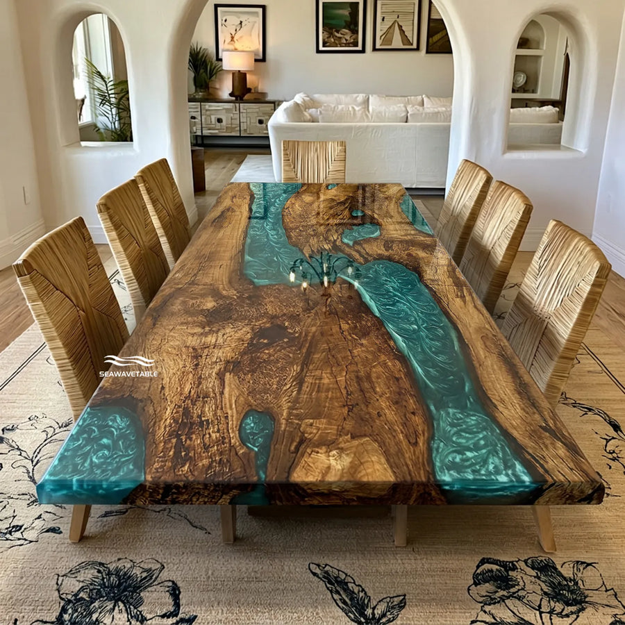 90 inch Golden Camphor dining table with gradient blue epoxy