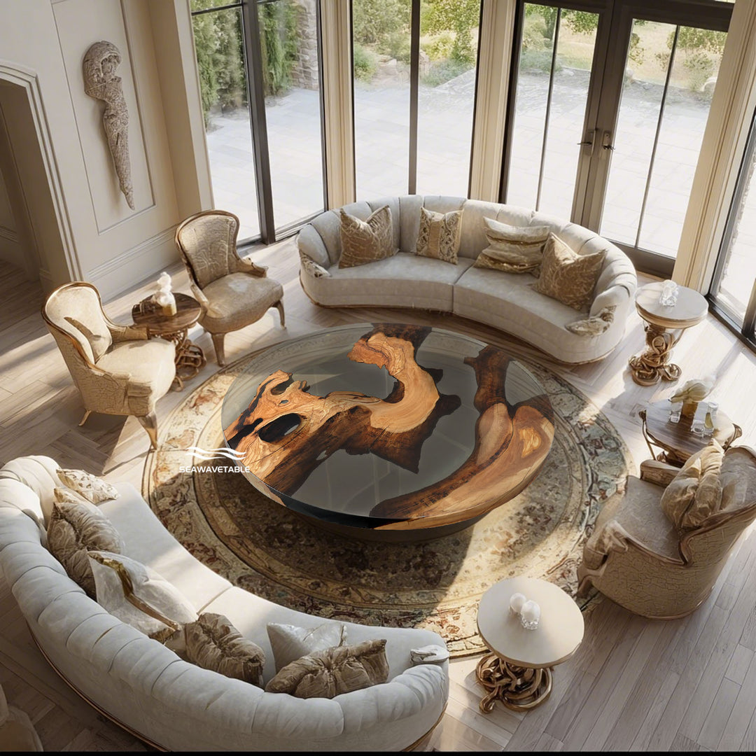 Handcrafted olive wood and smoky epoxy dining table in modern luxury interior