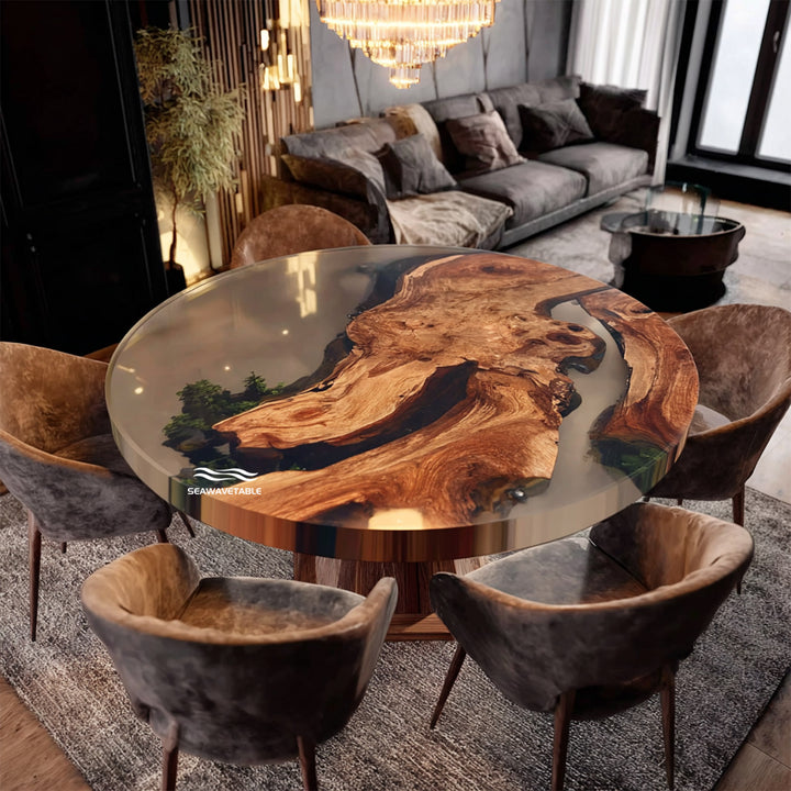 Aspen Collection round olive wood epoxy river table with smoky quartz resin finish