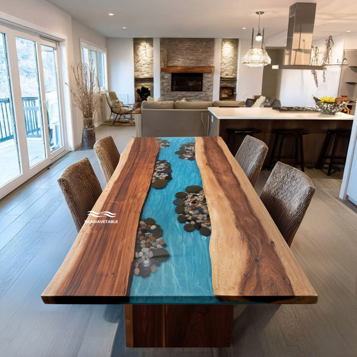 Aspen mountain lodge luxury walnut blue epoxy river dining table
