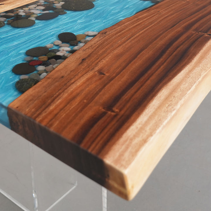 Blue epoxy river walnut table mountain lodge aesthetic