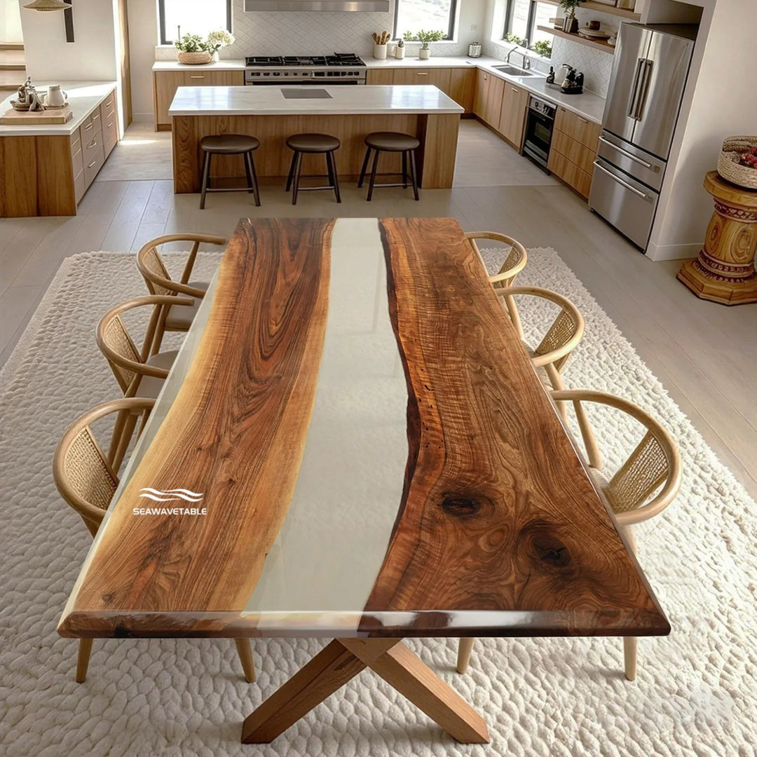 Aspen organic modern black walnut river dining table with transparent resin in bright kitchen