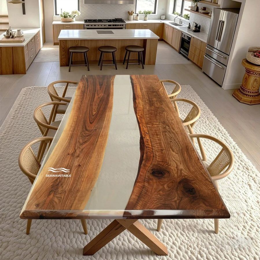 Aspen organic modern black walnut river dining table with transparent resin in bright kitchen