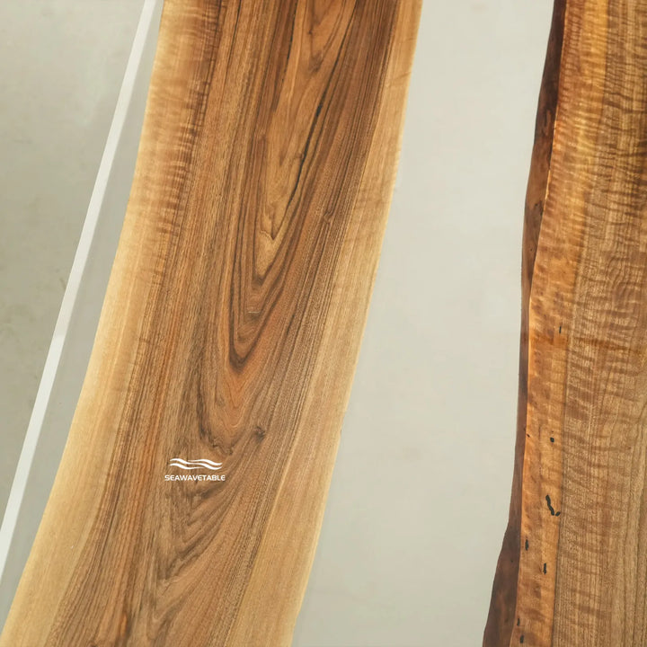 Organic modern bevel edge dining table with polished transparent resin