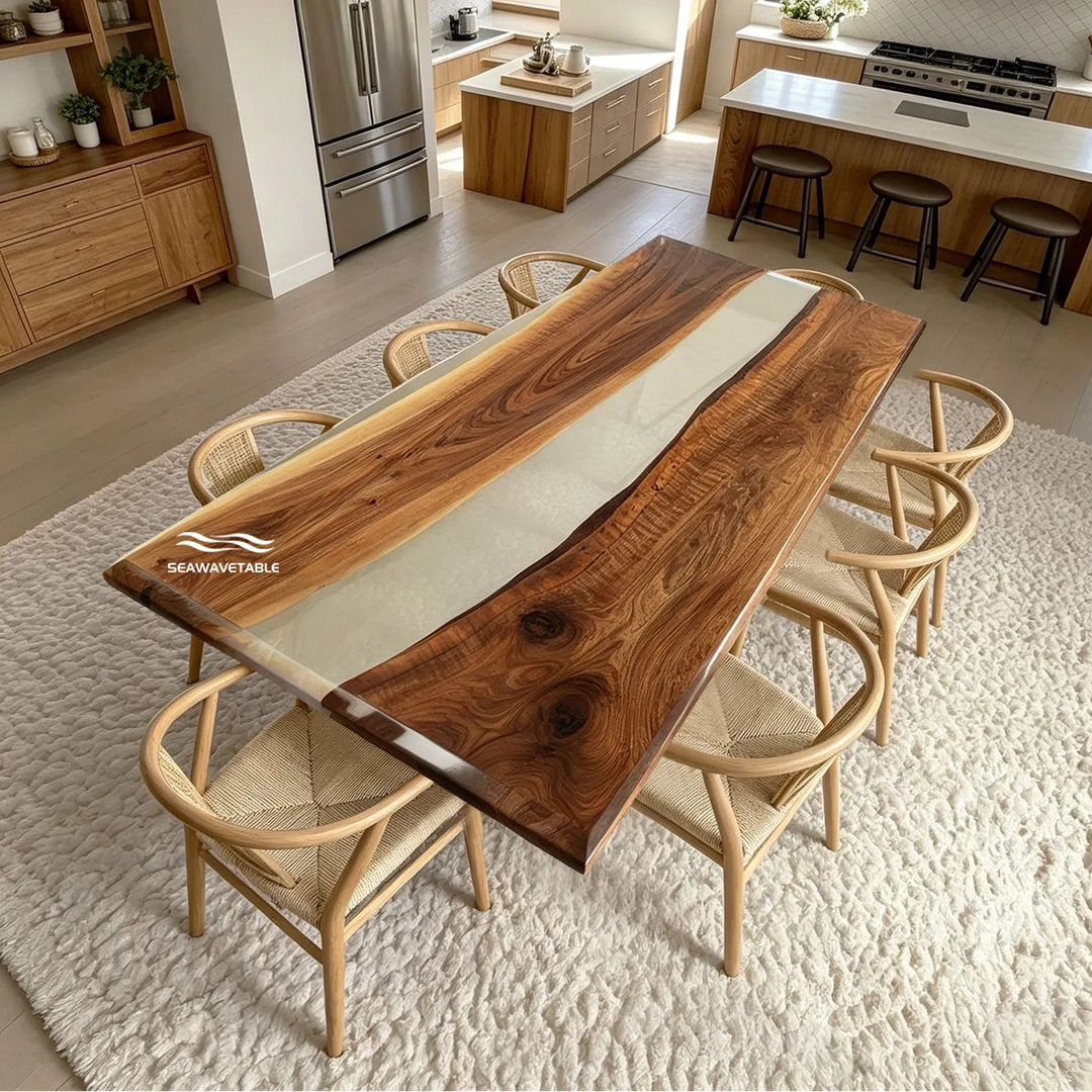 Modern  black walnut resin river table for luxury open concept dining room