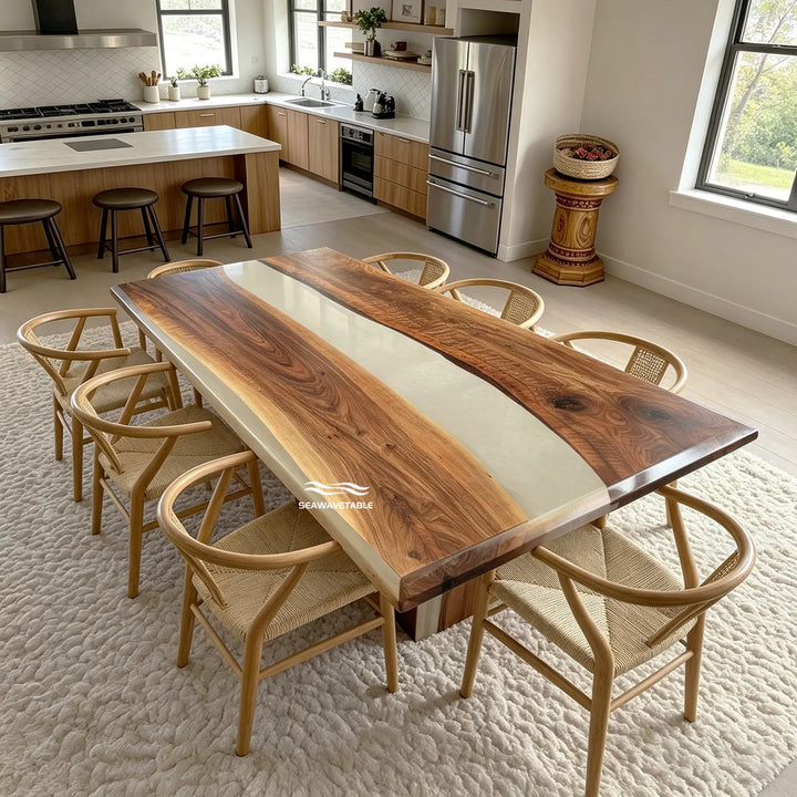 Handcrafted black walnut slab dining table with transparent epoxy center