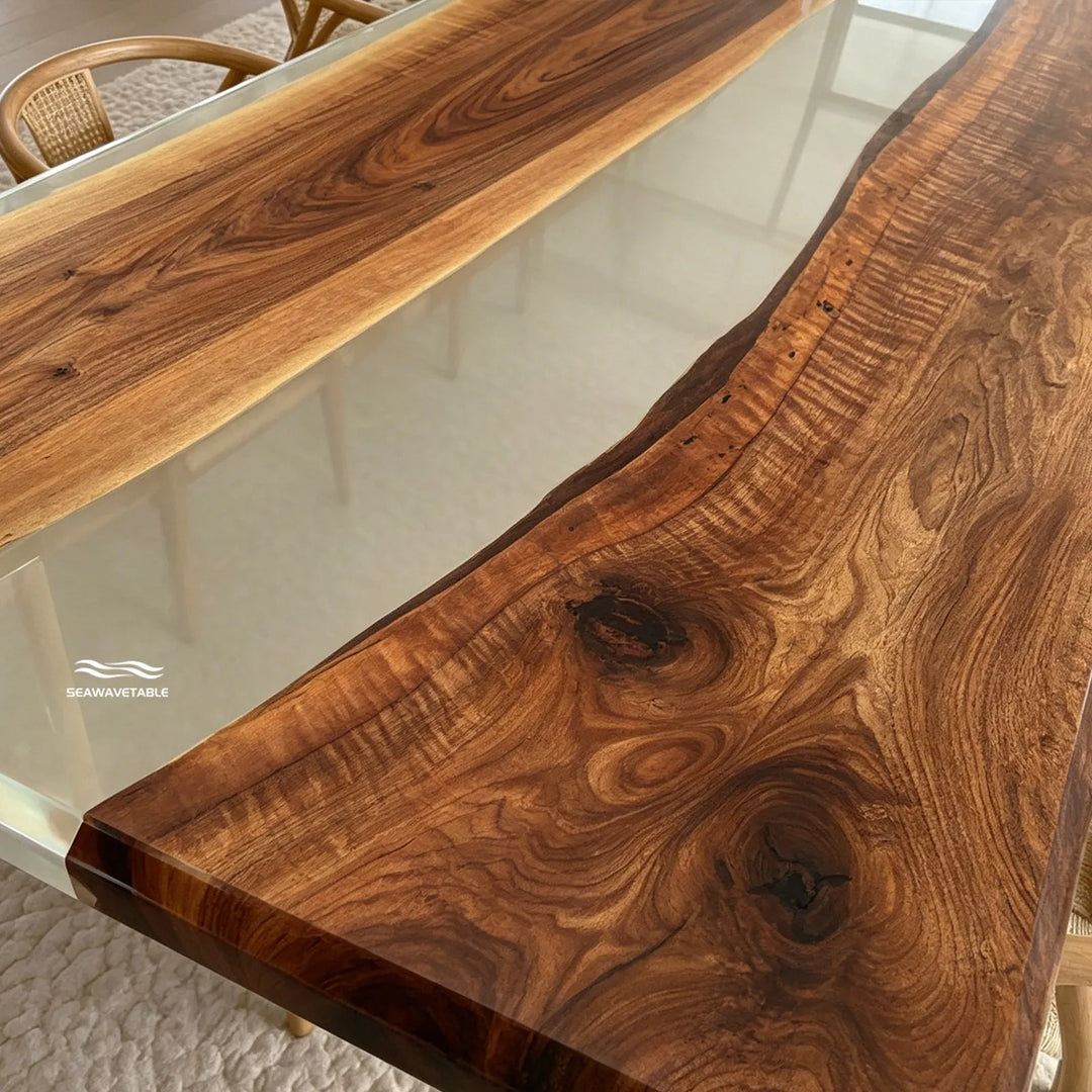 Aspen inspired modern black walnut epoxy dining table with minimalist style
