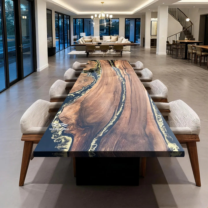 Austin rustic modern walnut river dining table with black epoxy center and gold accents