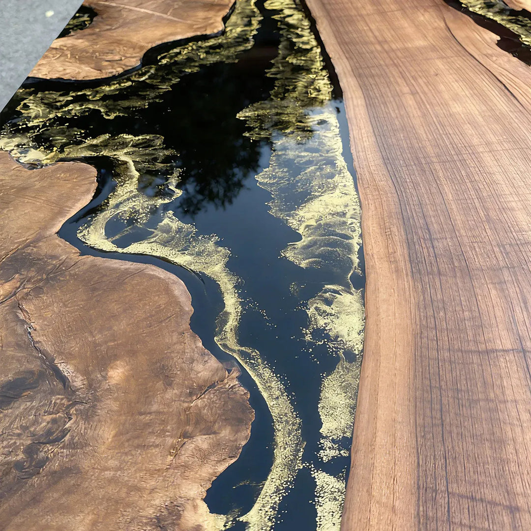 Rustic modern dining table with walnut wood and black epoxy contrast