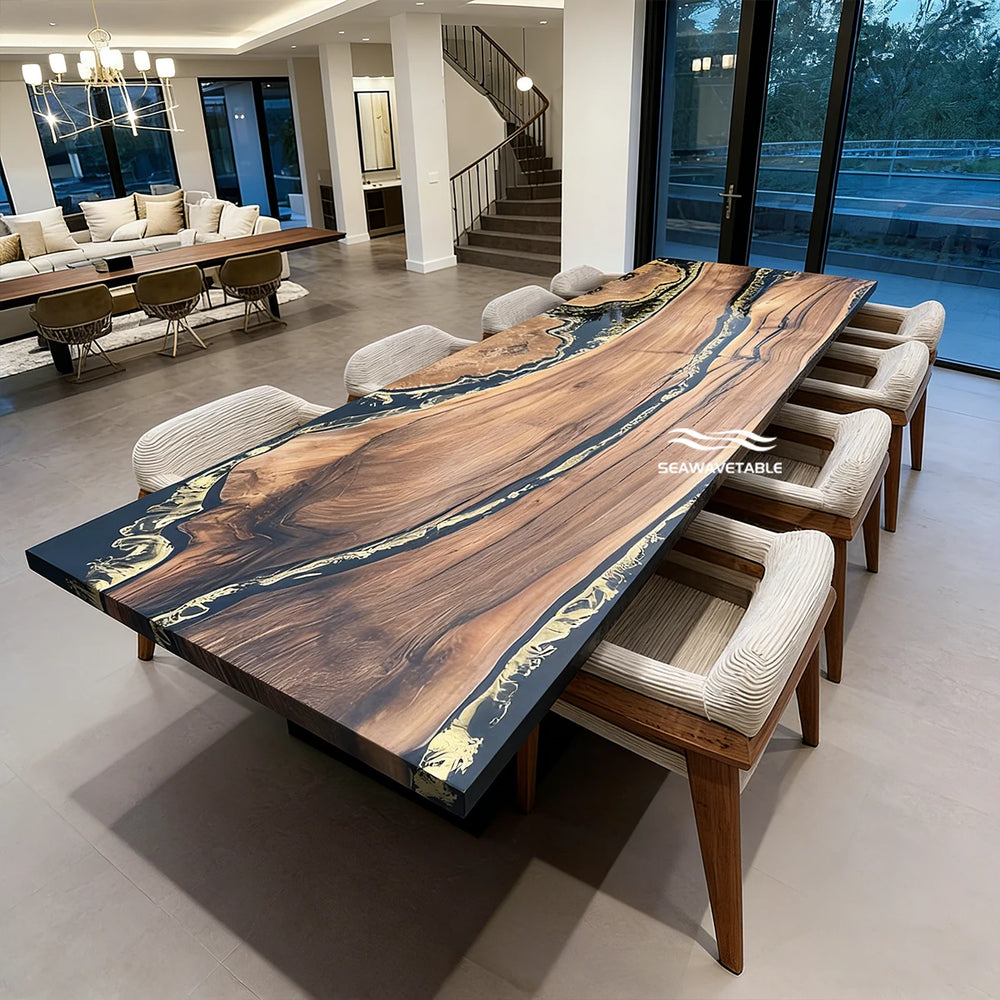 Modern walnut river dining table with black epoxy center and gold accents