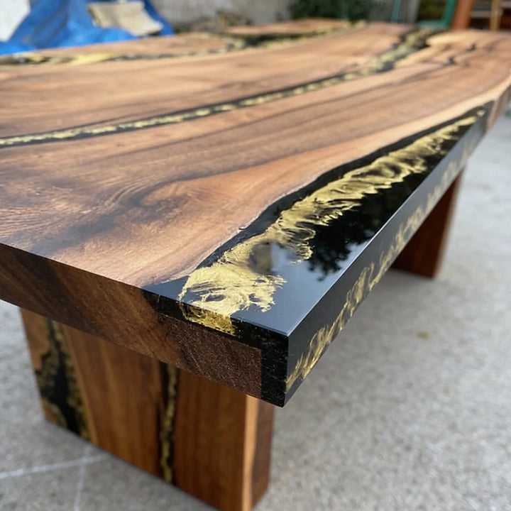 Handmade epoxy river dining table featuring natural wood grain and modern design