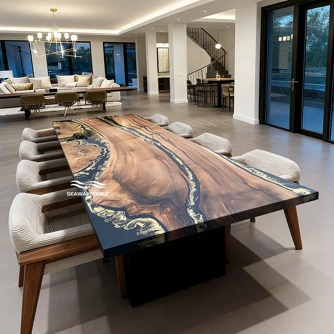 Luxury walnut river dining table with black epoxy center 