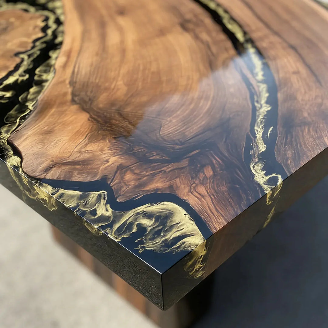 Handmade luxury wood table with natural grain and resin river design