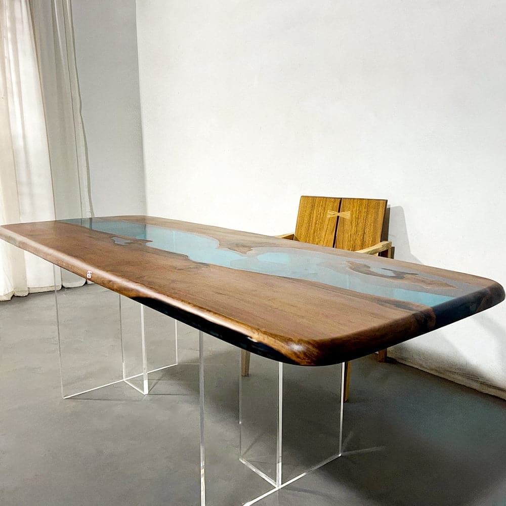 blue epoxy resin wood table