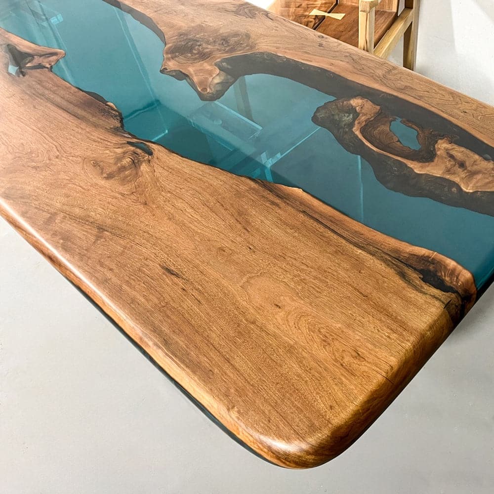 blue epoxy resin wood table