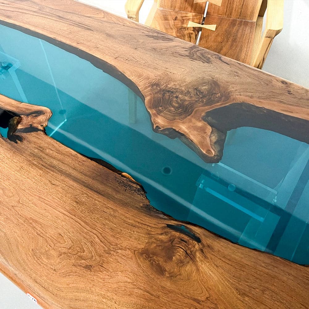 blue epoxy resin wood table