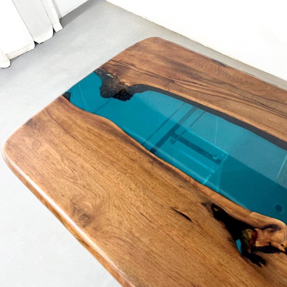 blue epoxy resin wood table