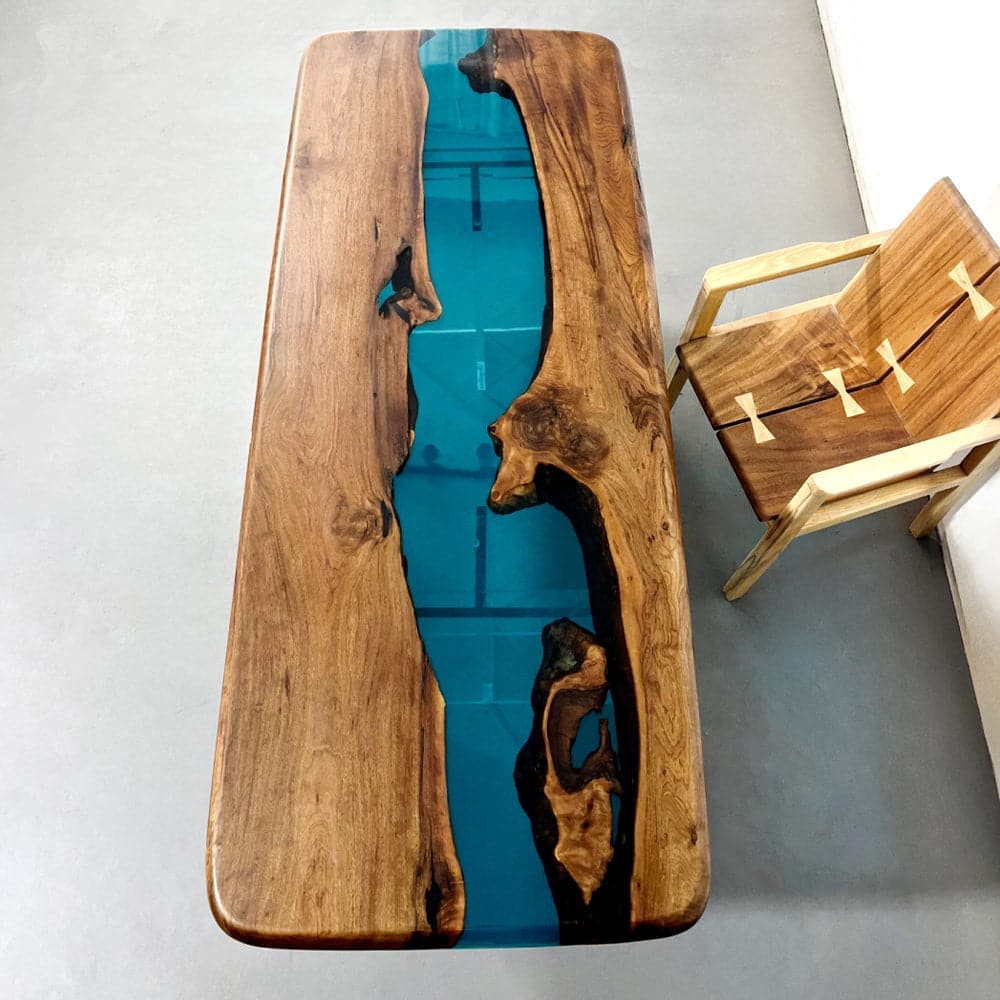 blue epoxy resin wood table