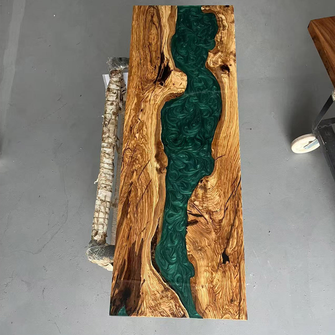 Contemporary wood bar top table made with a live edge walnut slab