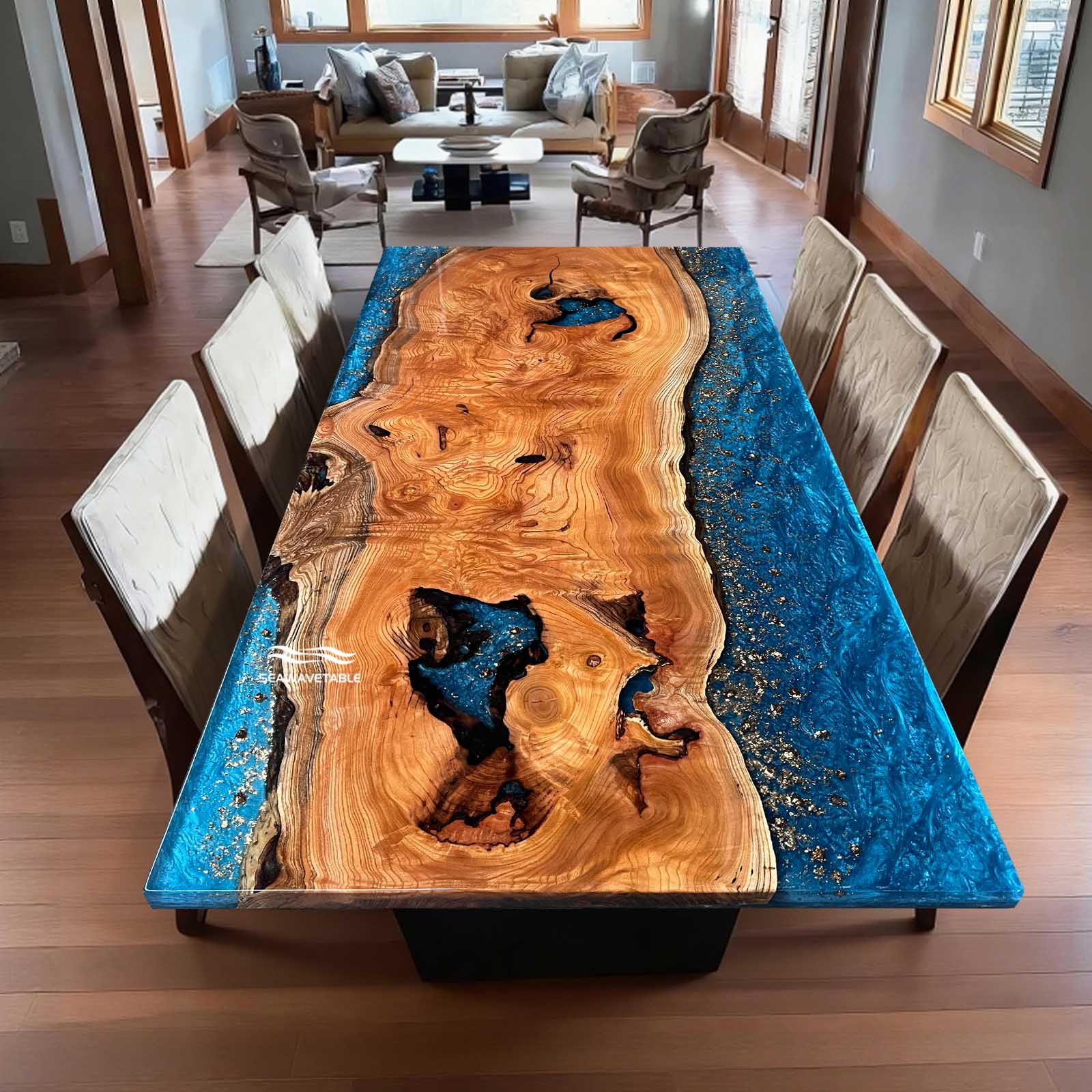 Custom Beech epoxy resin table designed for luxury interiors