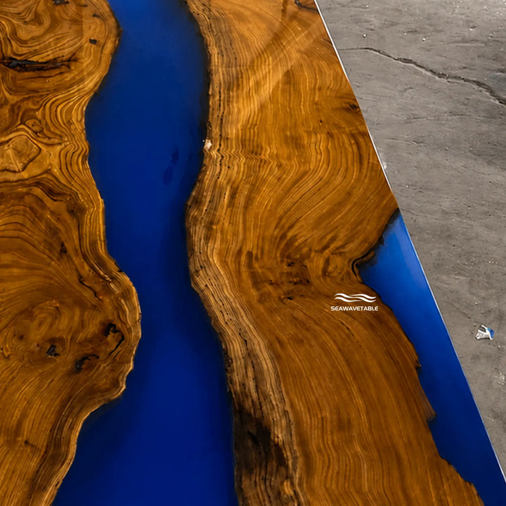 Handmade olive wood epoxy table for luxury coastal home decor