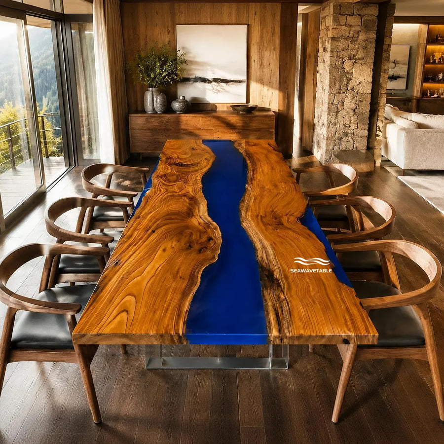 Beverly Hills luxury olive wood river dining table with royal blue epoxy resin